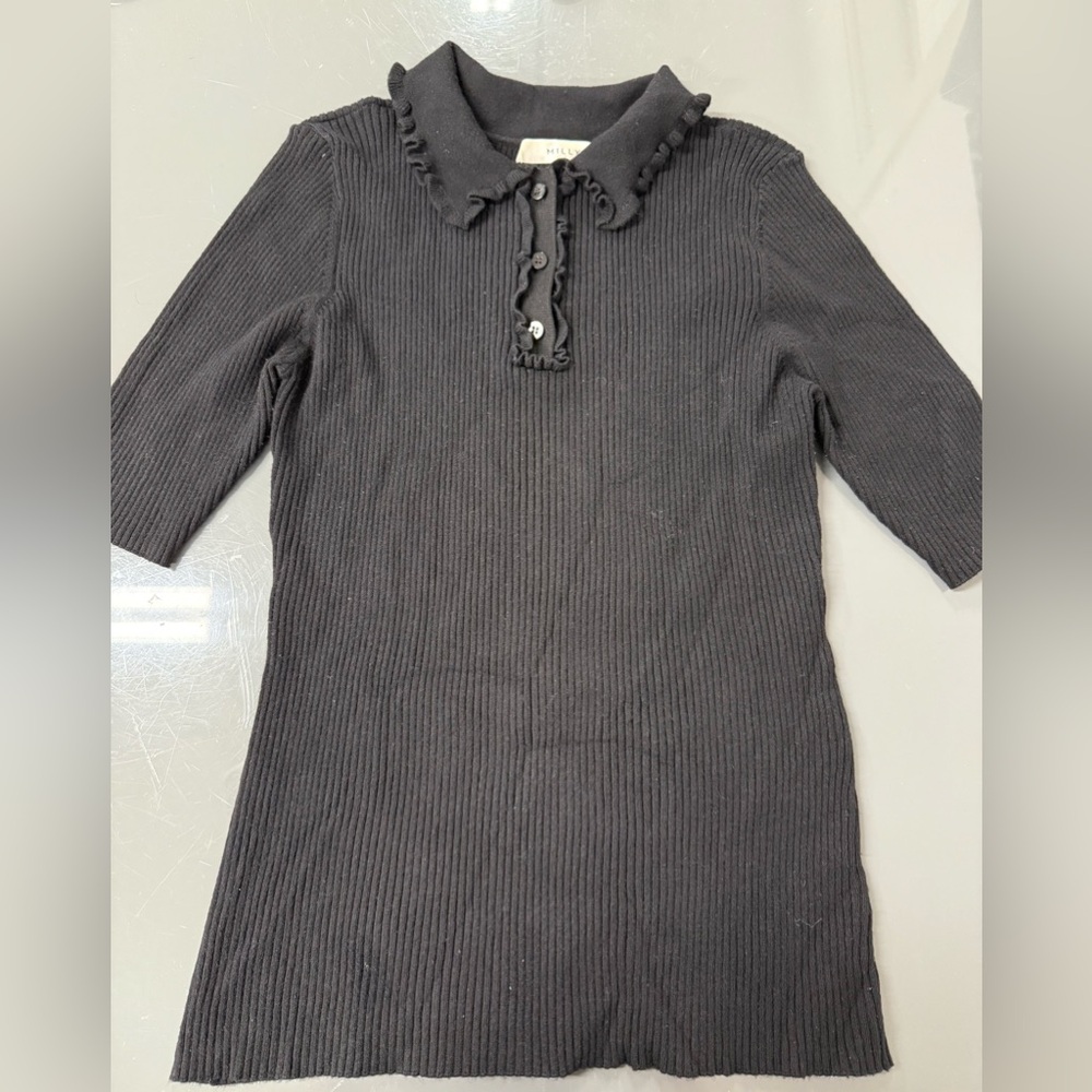 Milly Ruffle Collar Short Sleeved Sweater Black Size L Large